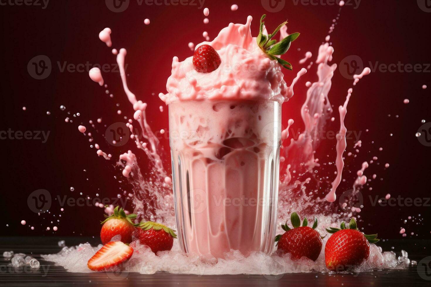 Strawberry smoothie frappe effect swirling wave strawberry milk splash around glass. Generative AI photo