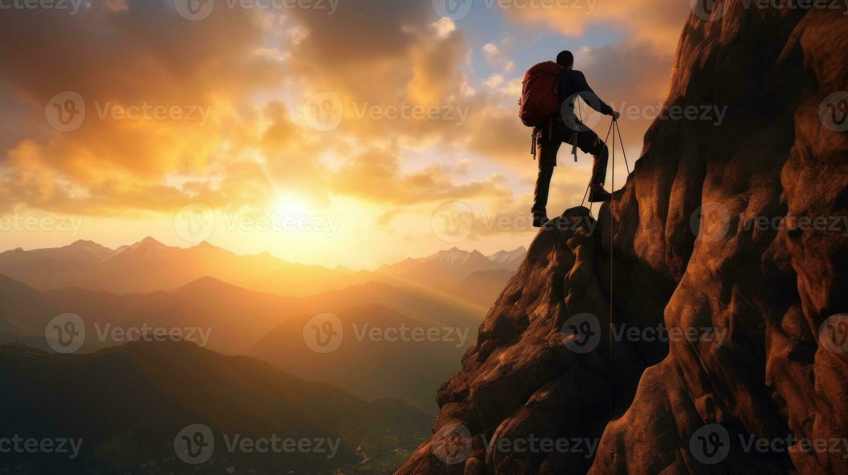 negro silueta de un trepador en un acantilado rock con montañas paisaje. generativo ai foto