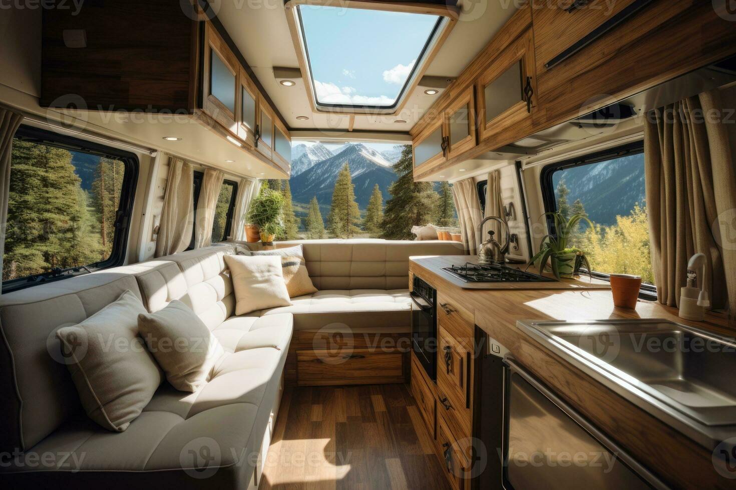 Cozy interior in the trailer of motorhome, Generative AI photo