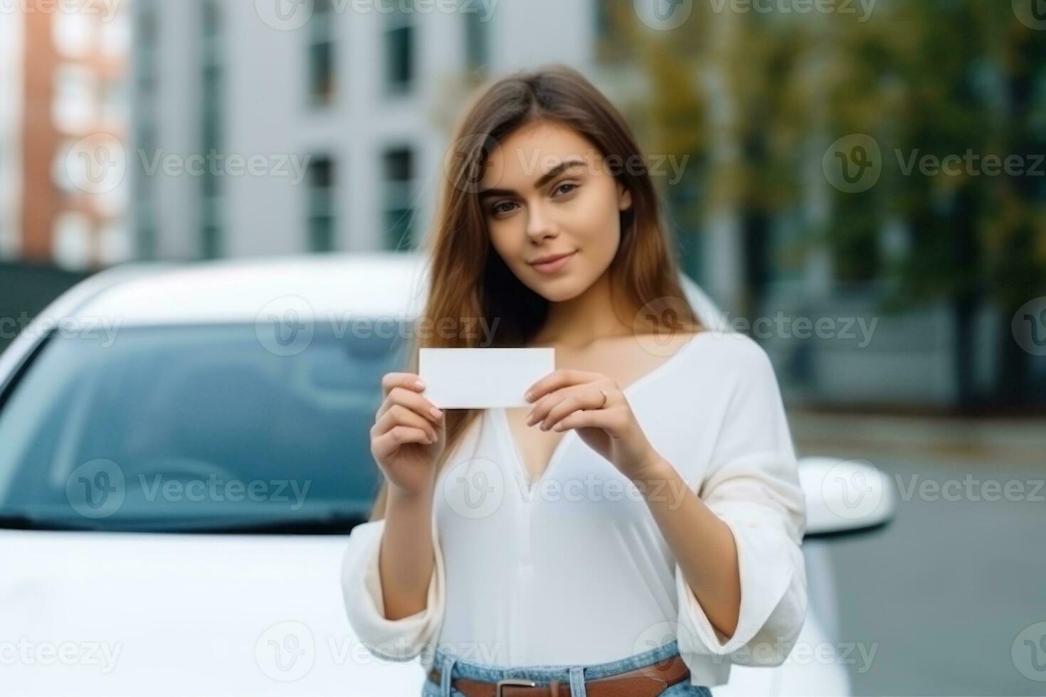 Woman shows a blank white business card. Generative AI photo