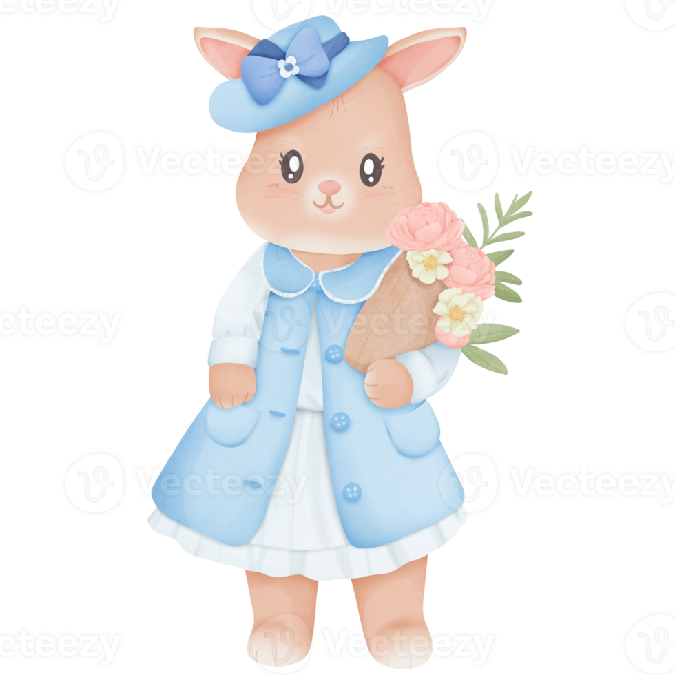 Watercolor cute rabbit in blue dress, for decoration invitation and greetings png