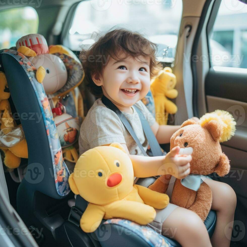 Child is playing with early childhood education toys in the car, car seat. Generative AI photo