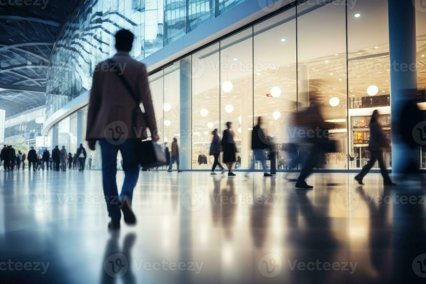 Blurred background of a modern shopping mall with some shoppers. Generative AI photo