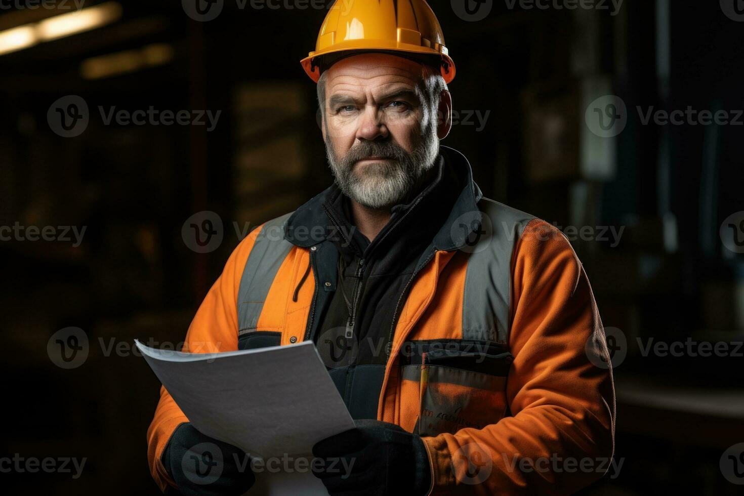Construction worker holding a blueprint and discussing plans, bright background. Generative AI photo