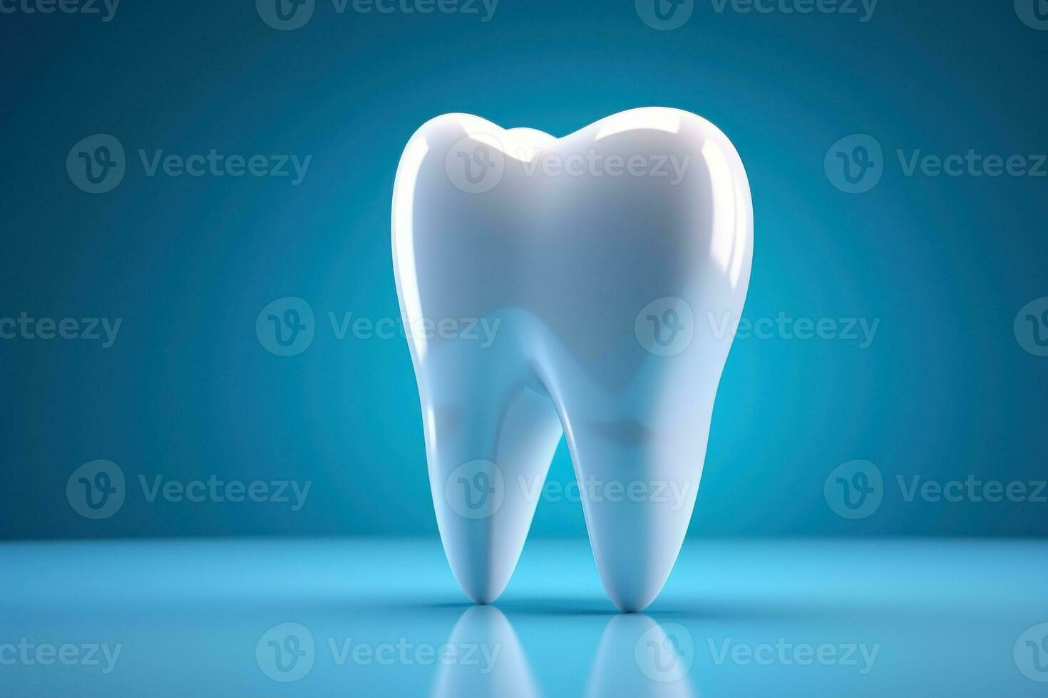 Tooth on blue backdrop with copy space. Generative AI photo
