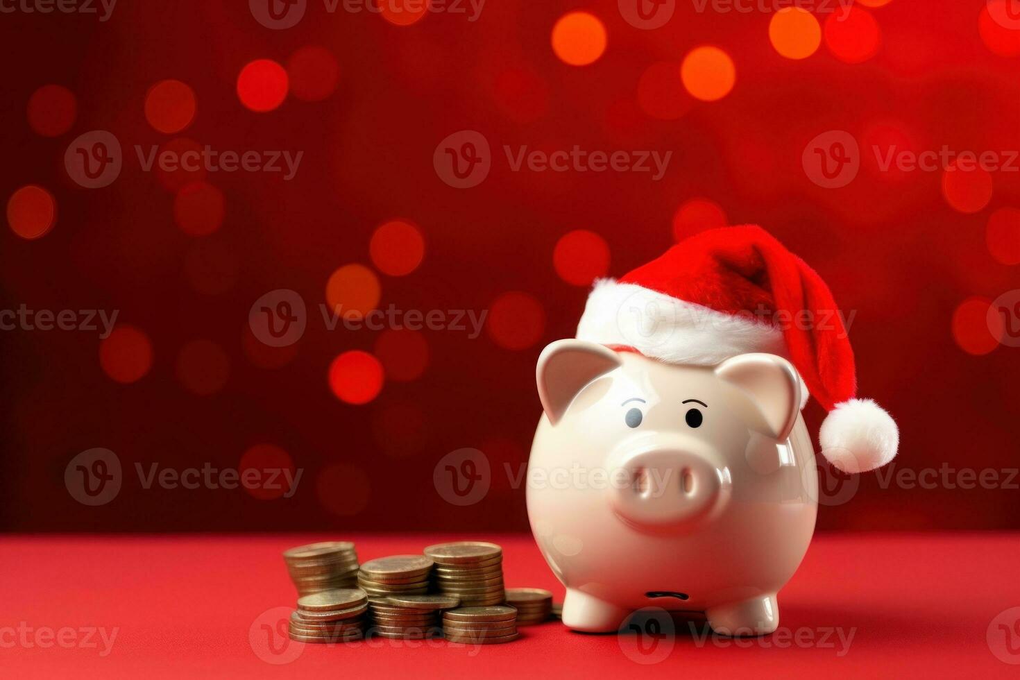 cerdito banco con Papa Noel claus sombrero y monedas en festivo rojo antecedentes. generativo ai foto