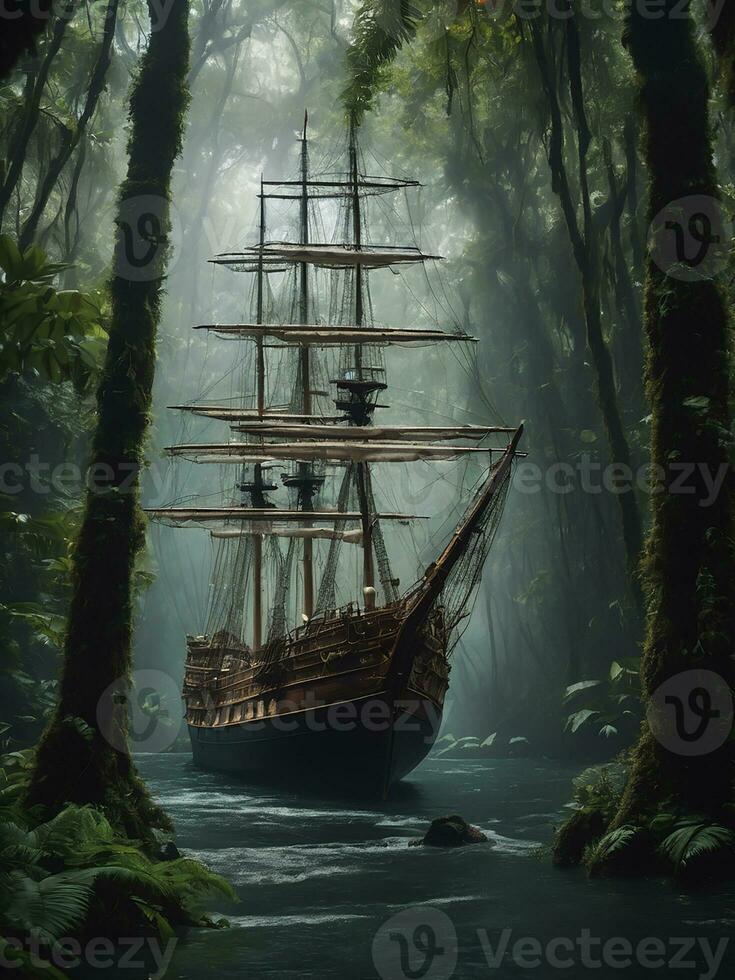 A sailing ship in the middle of the forest photo