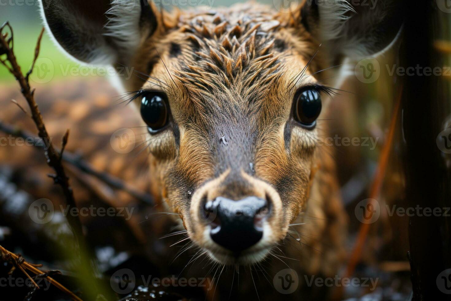 A close-up shot of a Deer striking face, its focused eyes, documentary photo. Generative AI photo