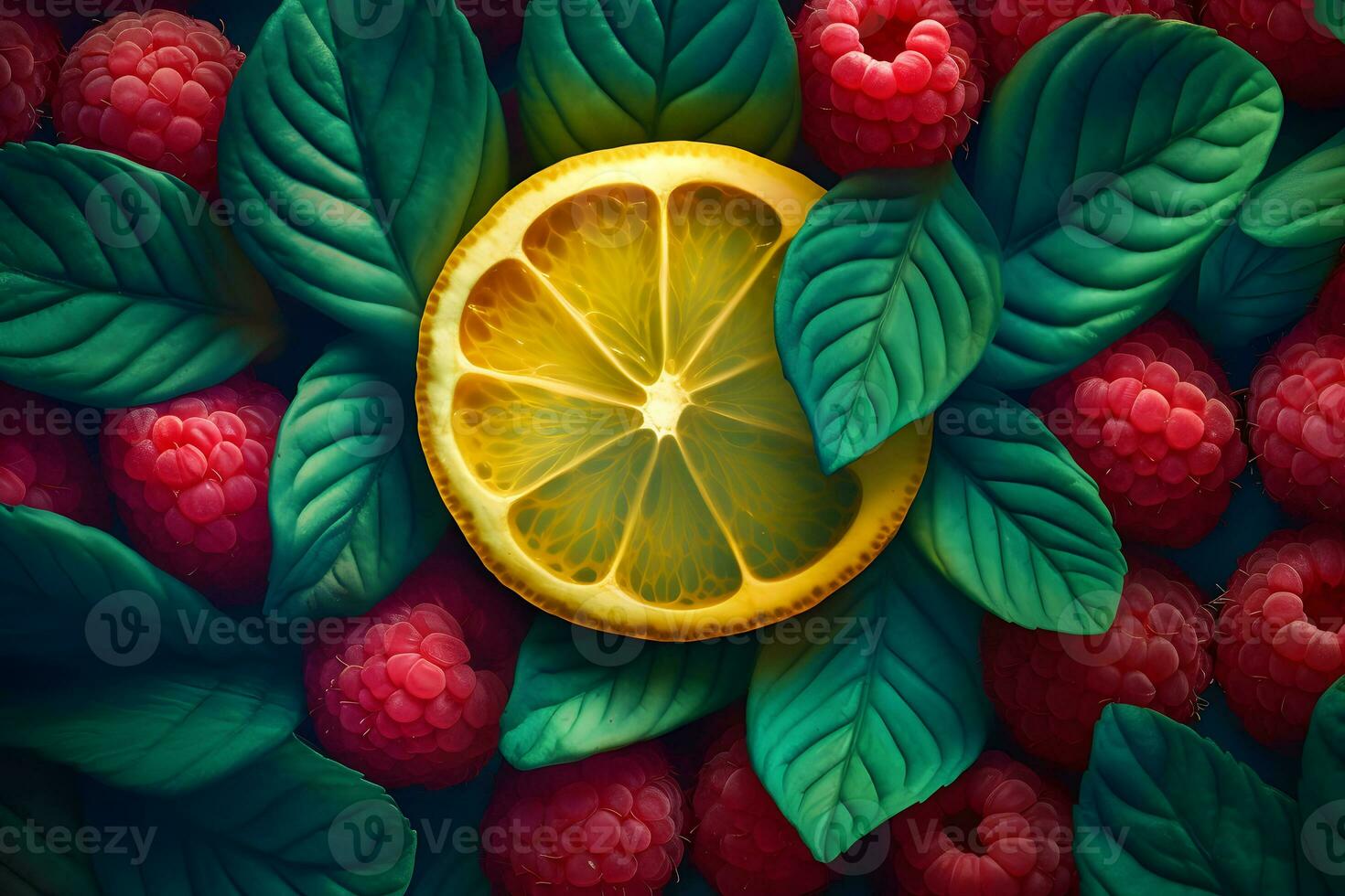 Background with raspberry, lemon and mint. Neural network AI generated photo