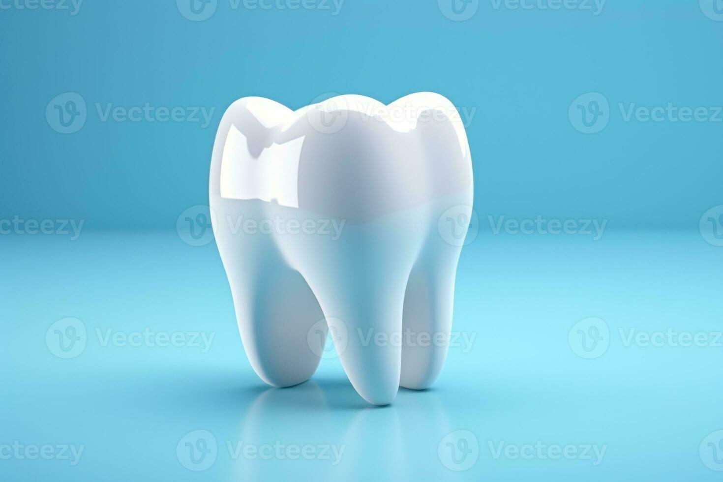 Tooth on blue backdrop with copy space. Generative AI photo