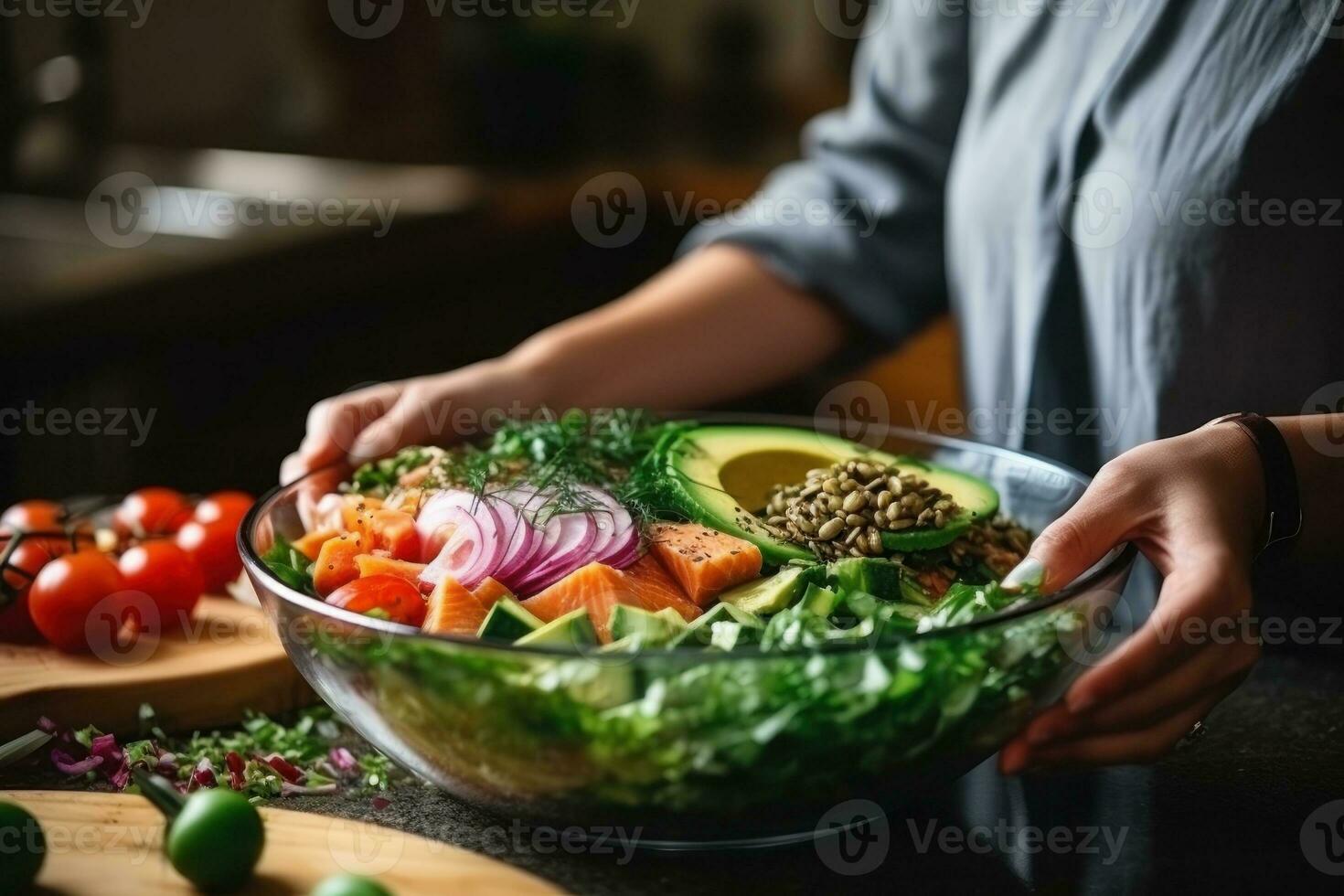 Close up of a woman preparing a salad. Generative AI photo