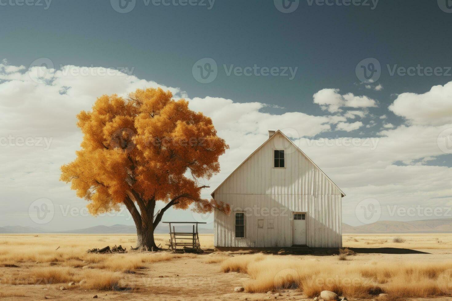 Minimalism large twostory barn in field with trees. Generative AI photo