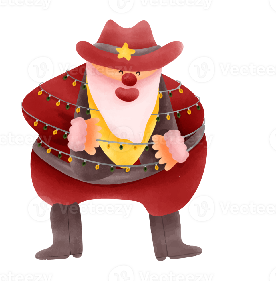Jolly Cowboy Santa Claus Surrounded by Sparkling Christmas Light Bulbs