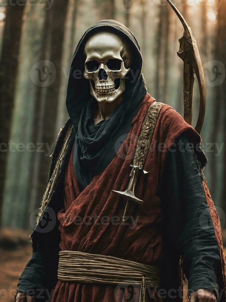Skull wearing a robe and carrying a long sickle photo