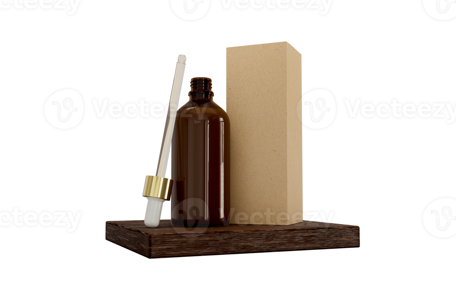Open glass moisturizing face serum with a pipette standing on a Wooden tray with brown cardboard box makeup cosmetics. Mock up. 3d illustration png