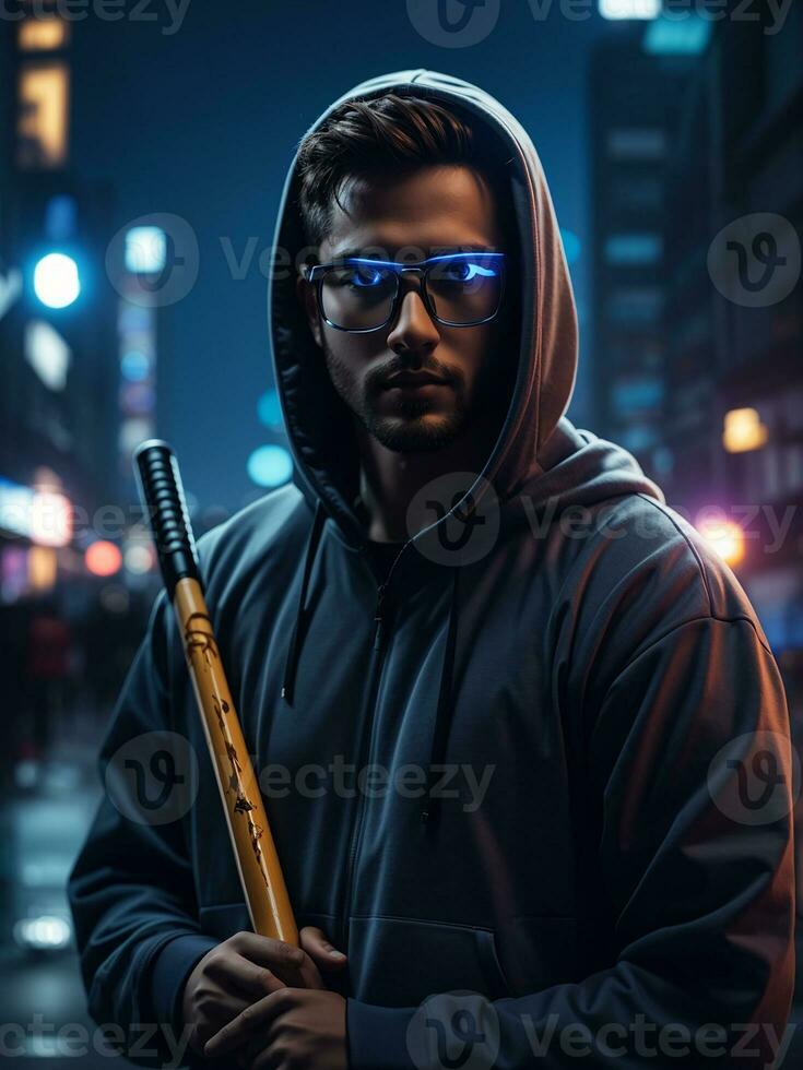 A cyberpunk man carrying a baseball bat in the middle of town photo