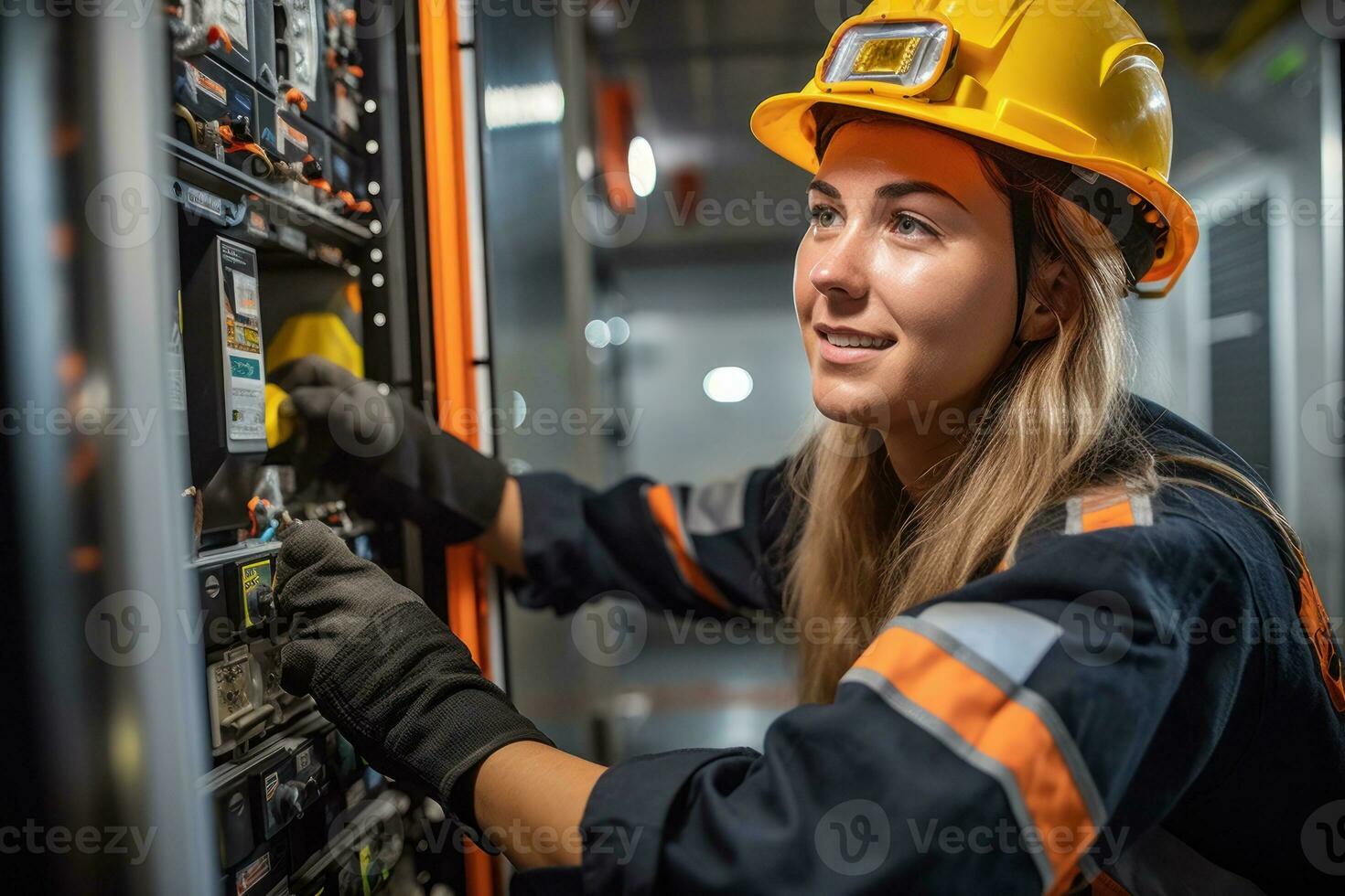 Female electrician at work on a fuse box, adorned in safety gear