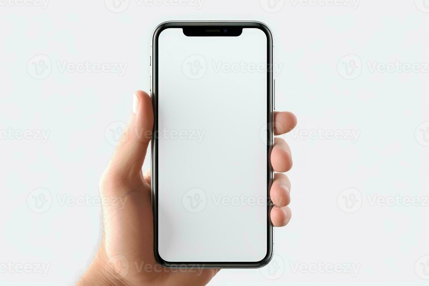 Realistic hand holding phone white background. Generative AI photo