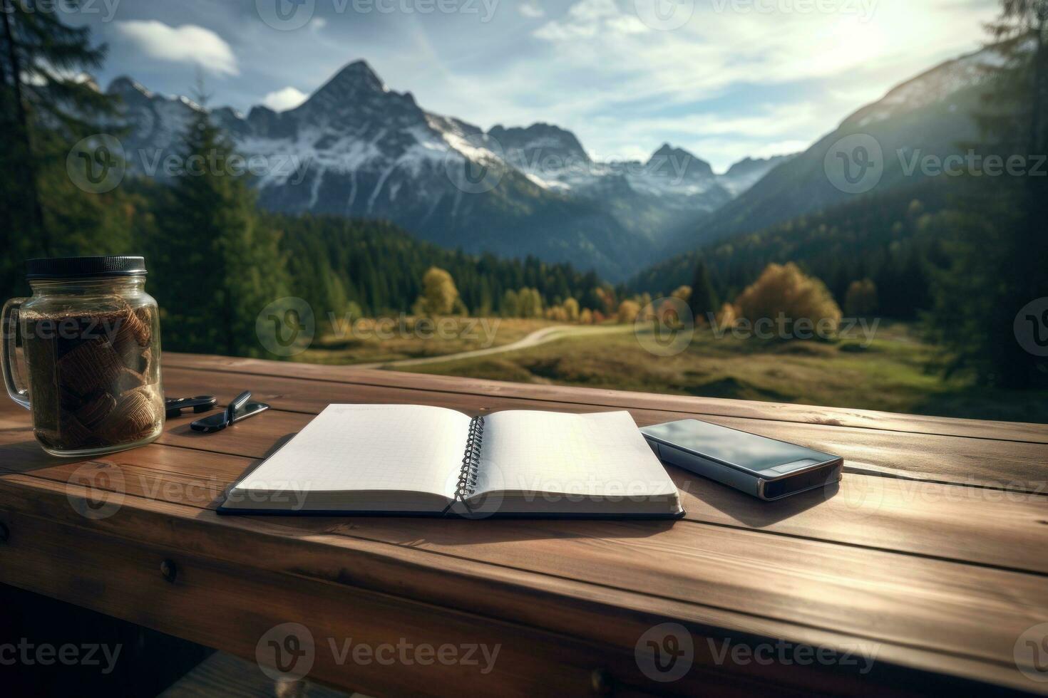 Notebook on the desk, pen next to it, closeup, mountains in the background. Generative AI photo