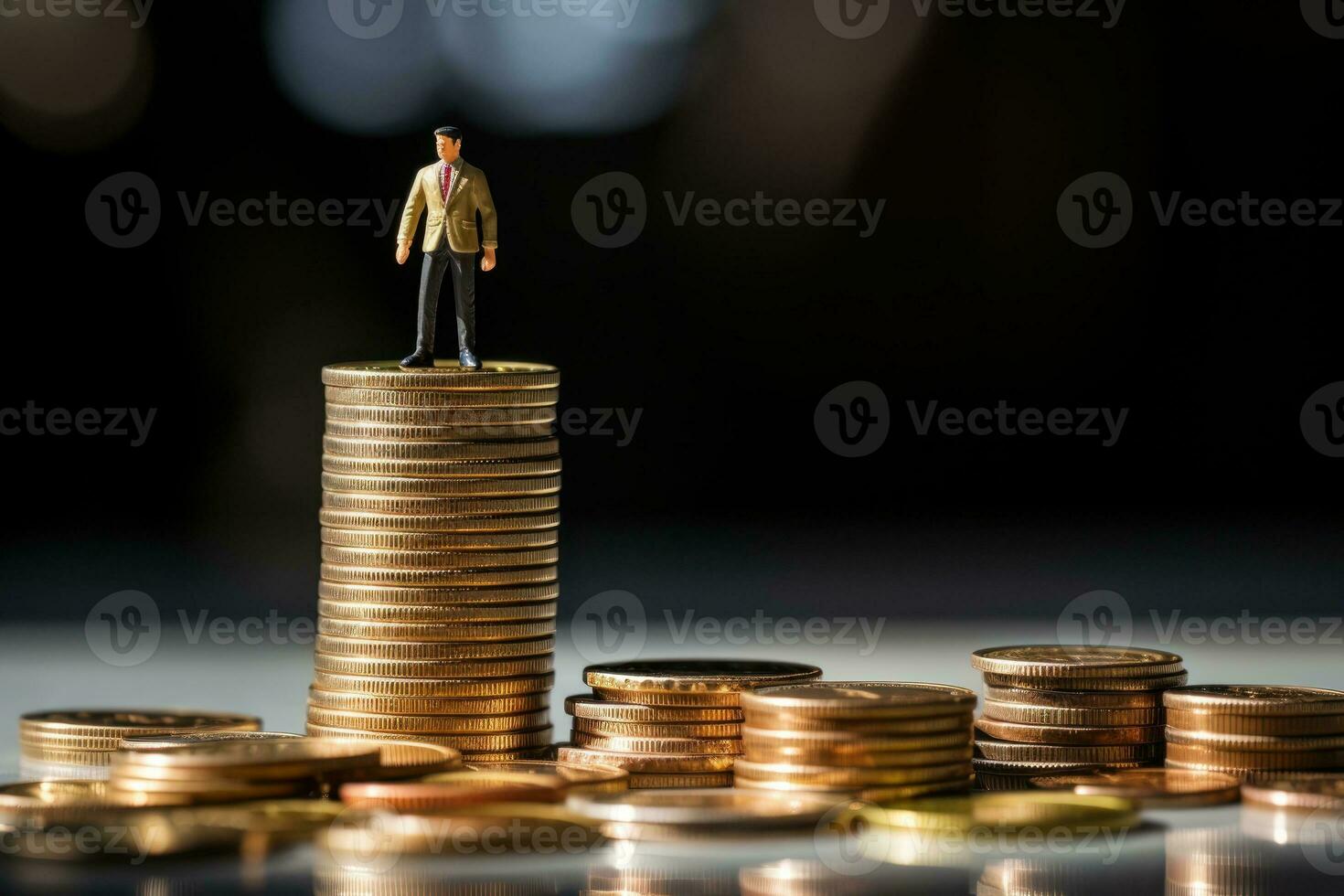 miniatura negocio personas en pie en pila de dinero moneda. generativo ai foto