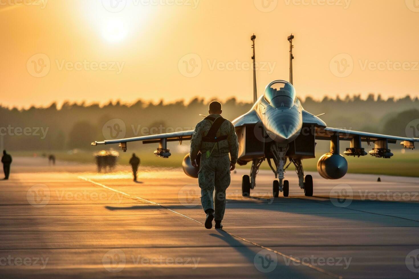 piloto caminando a lo largo el pista Encendiendo en el antecedentes de un combatiente generativo ai foto