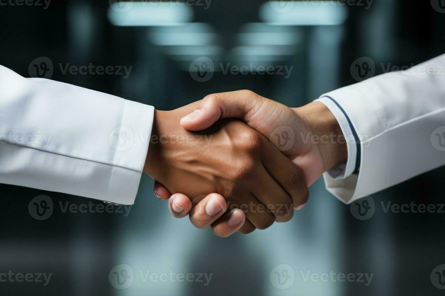 Closeup on a medical insurance agent greeting a doctor with a handshake. Generative AI photo