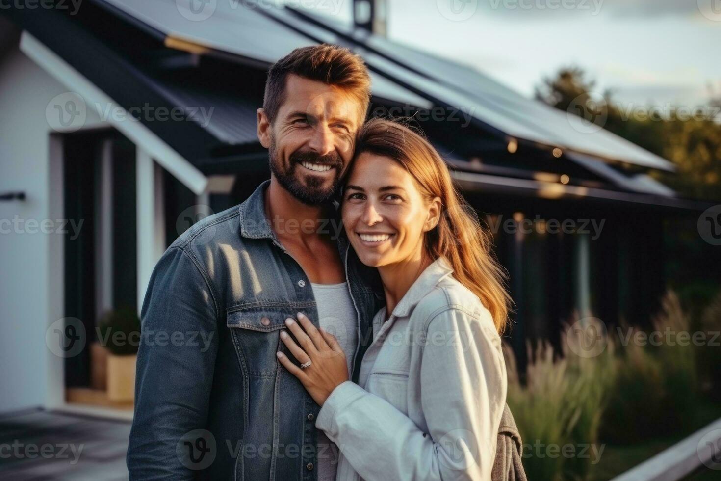 A happy couple stands smiling in the a large house with solar panels installed. Generative AI photo