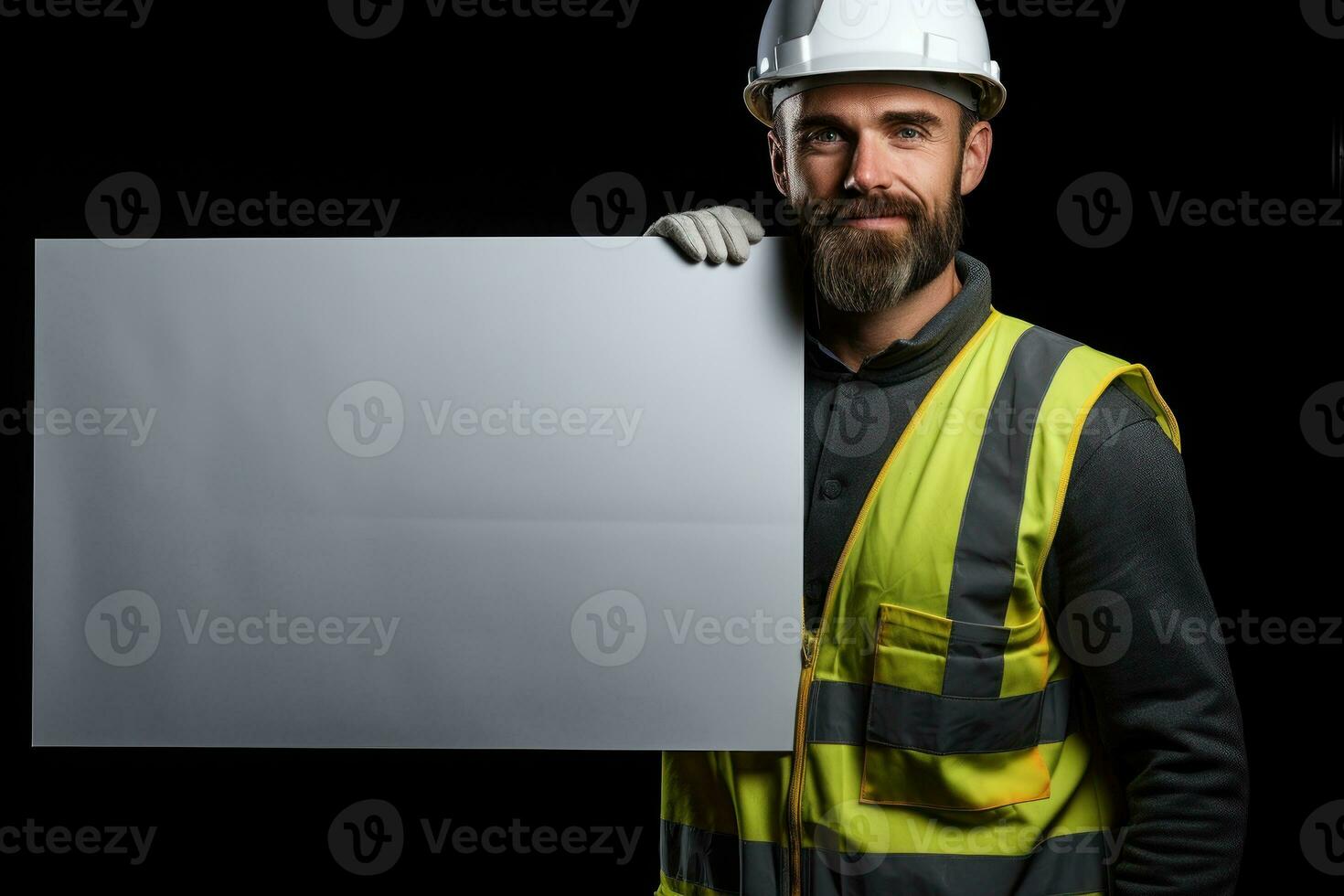 Construction worker holding a separate blank white panel isolated on black background. Generative AI photo