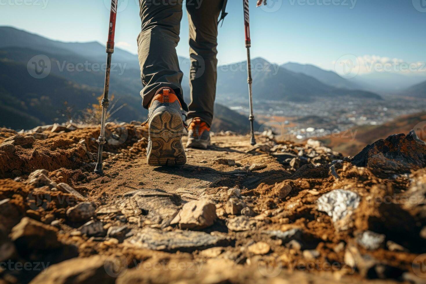 Close up of the activity hiking of a leg walking on high mountain. Generative AI photo
