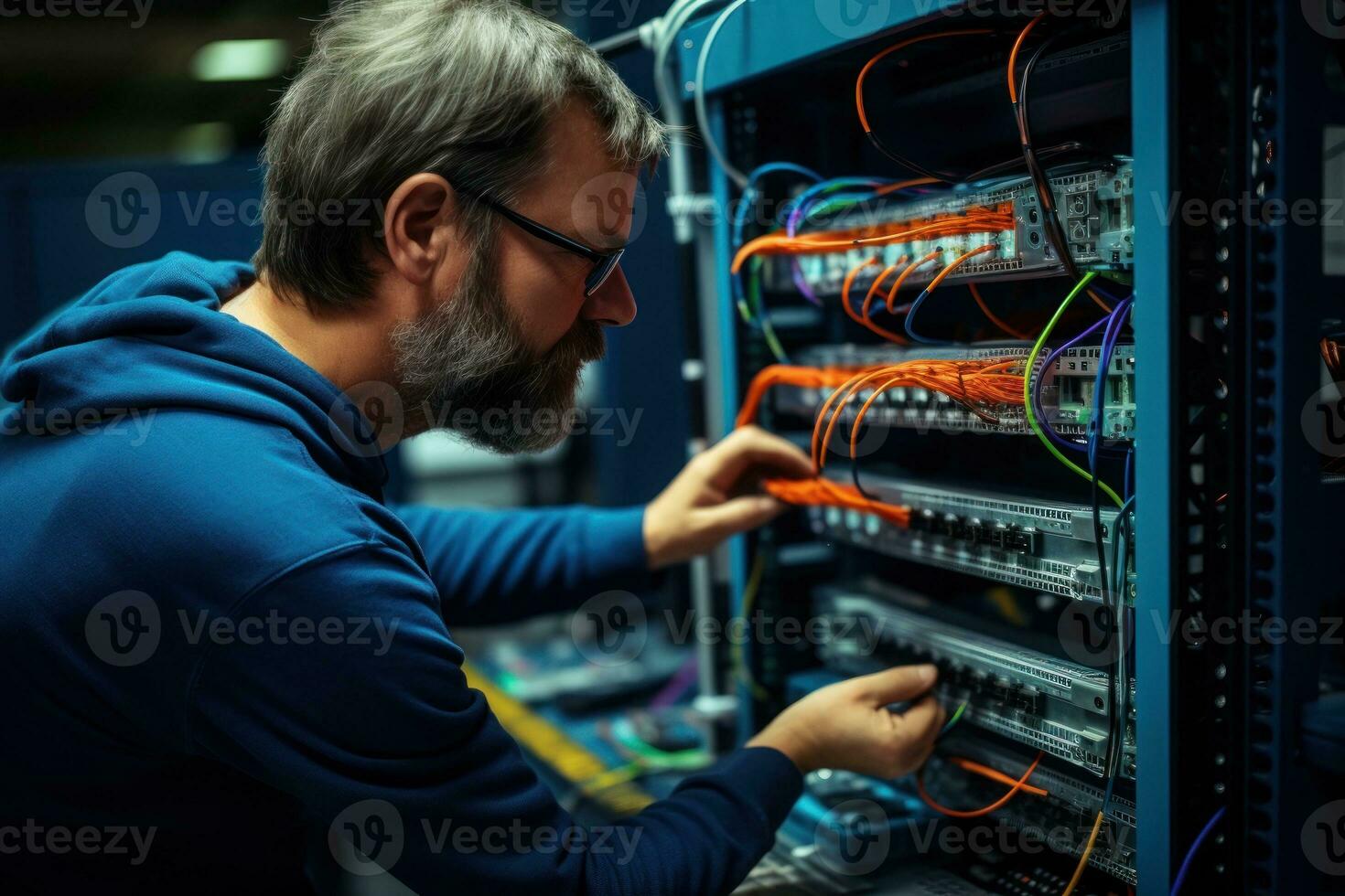 The system administrator configures the wires of the network equipment. Generative AI photo