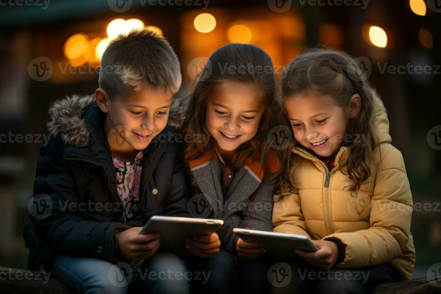 Group of young children holding tablet and hiding faces, gen Alpha. Generative AI photo