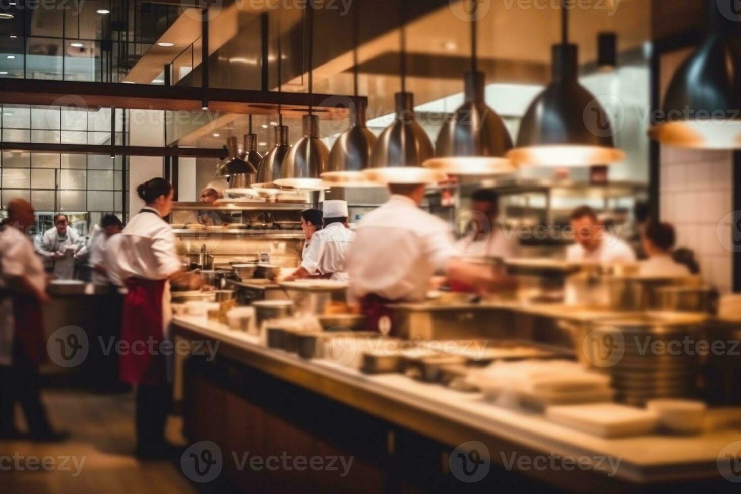 borroso restaurante antecedentes con algunos personas comiendo y cocineros y camareros laboral. generativo ai foto