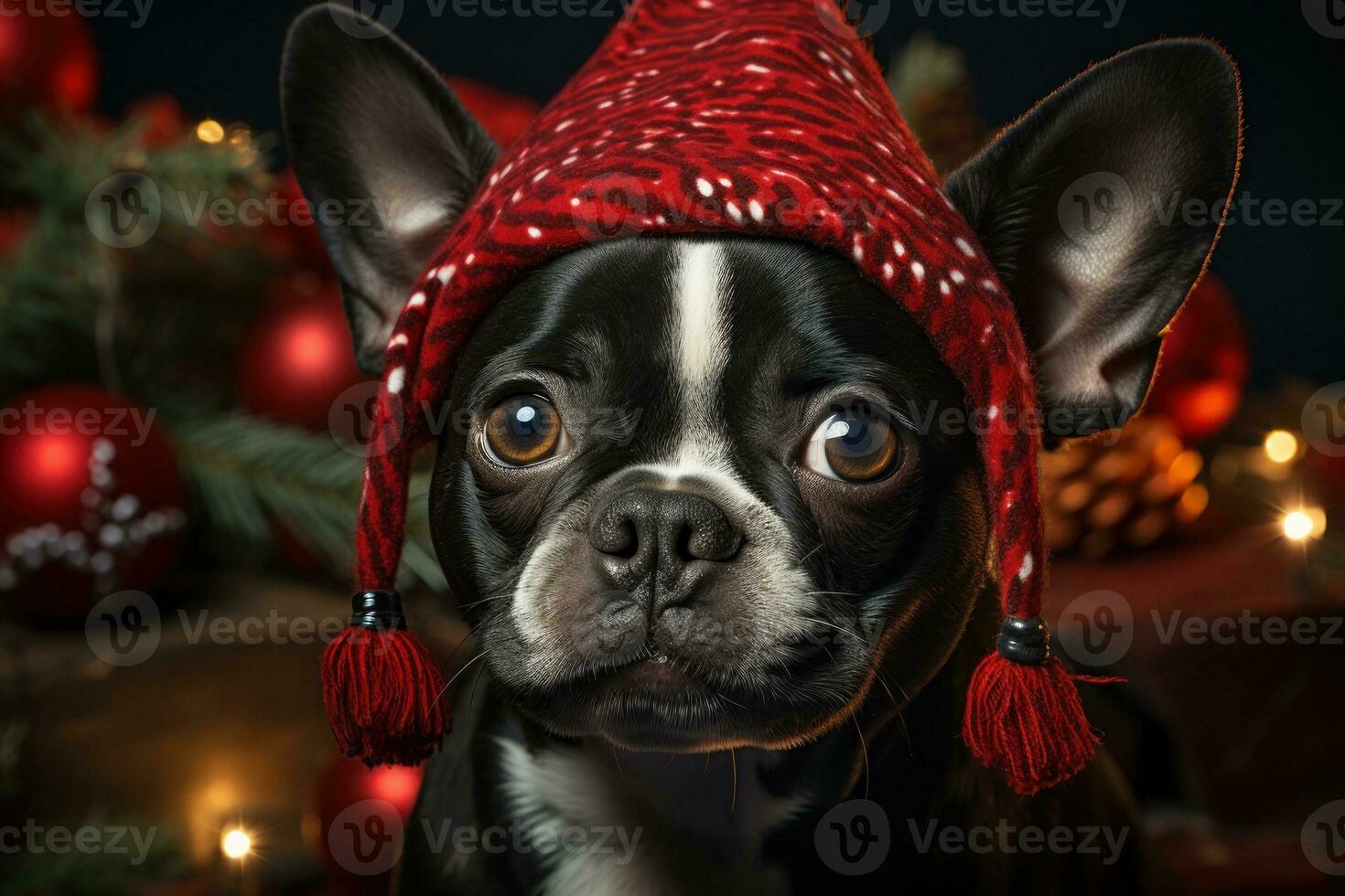 New years team festivity dog with Christmas tree on his head. Generative AI photo