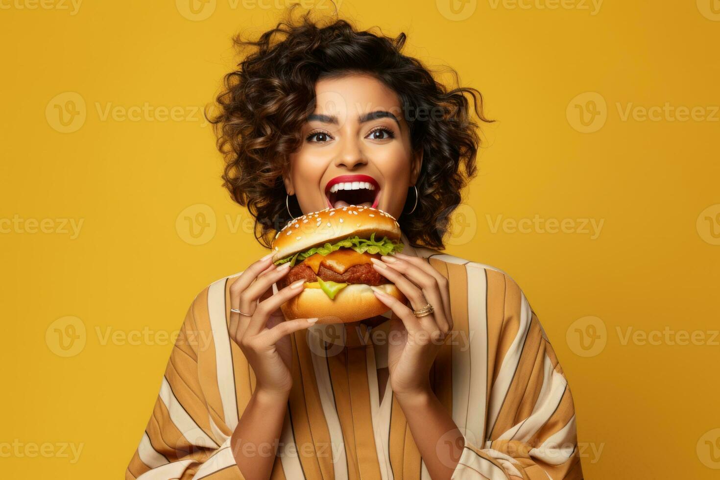 comiendo un hamburguesa de internacional gente. generativo ai foto