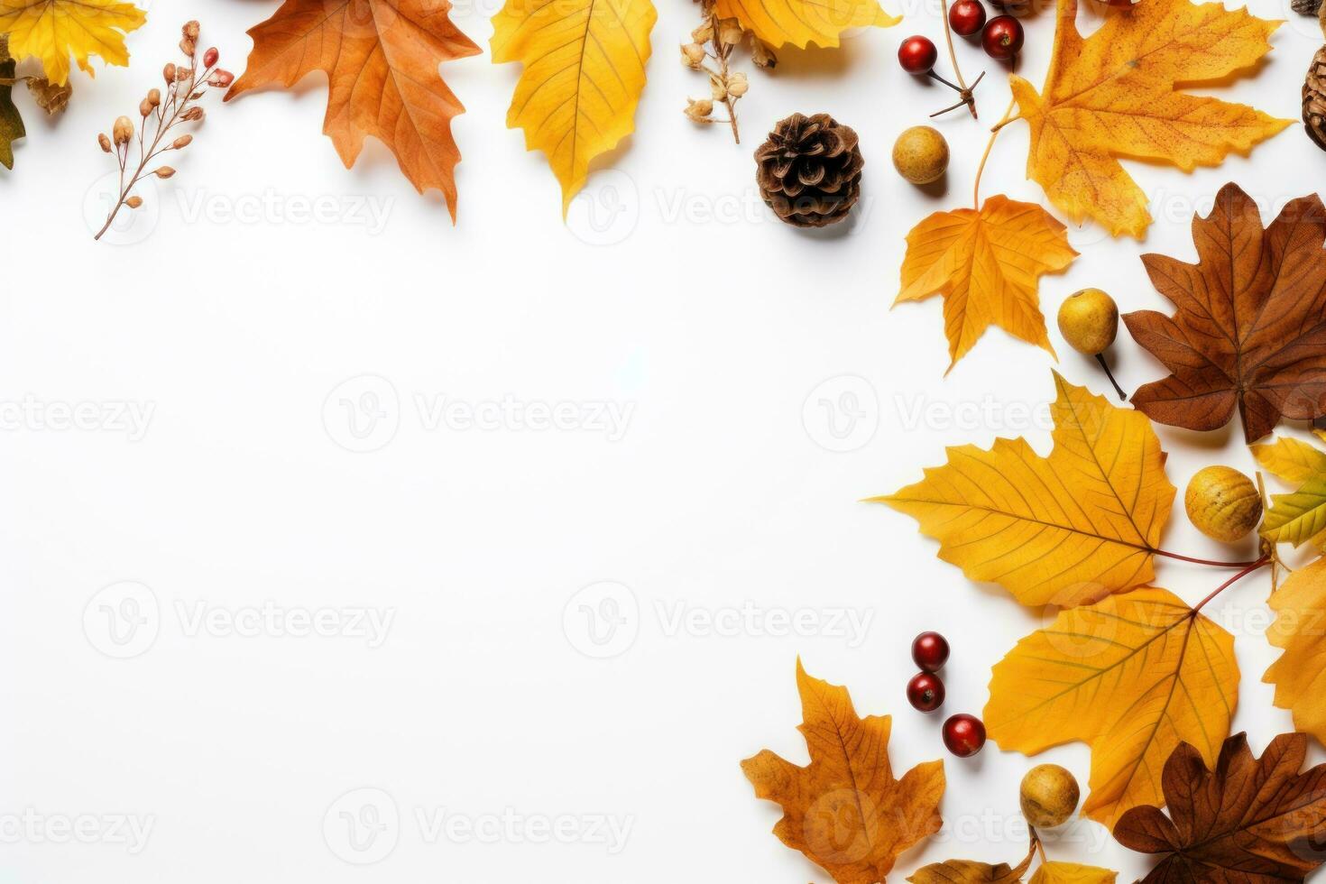 Autumn leaves on a white background With space for text. Generative AI photo