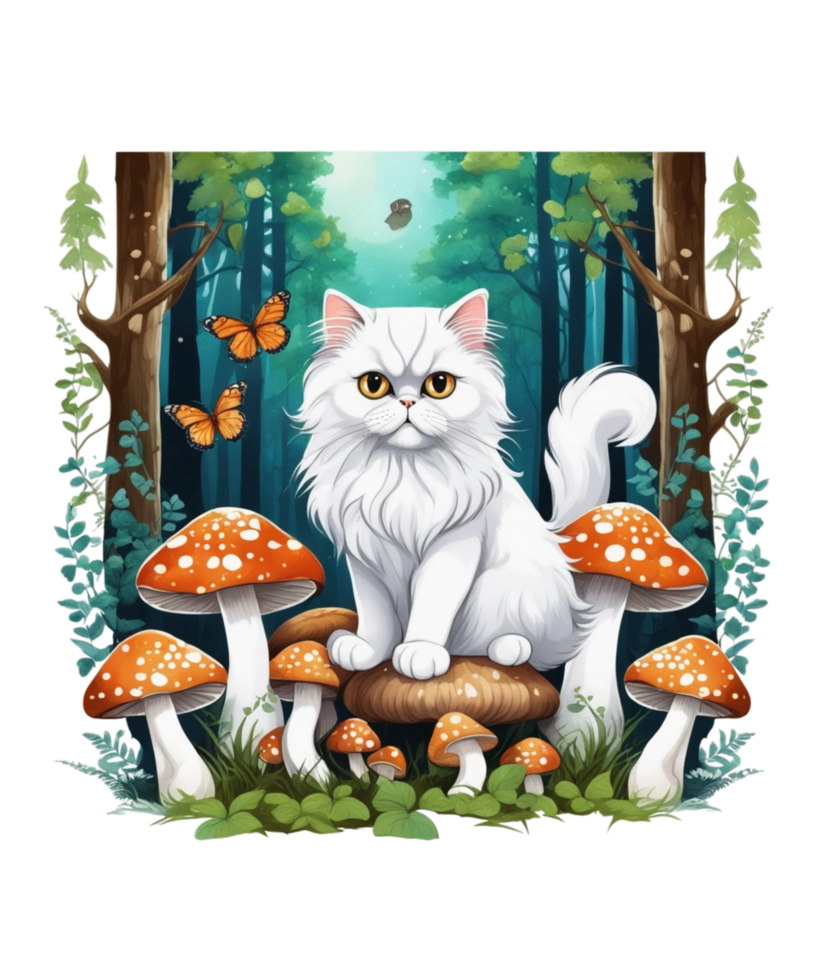 AI Generative Cat Loves Mushroom Clipart Illustration for Print on Demand Business is Also perfect for any other project png