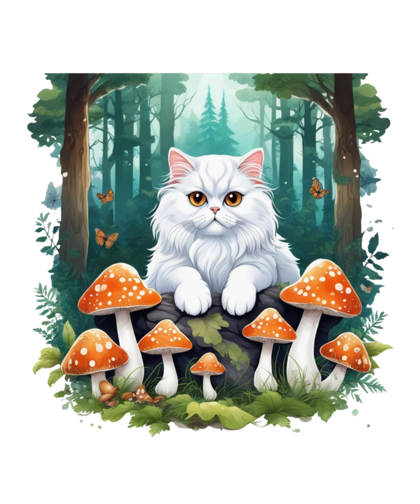 AI Generative Cat Loves Mushroom Clipart Illustration for Print on Demand Business is Also perfect for any other project png