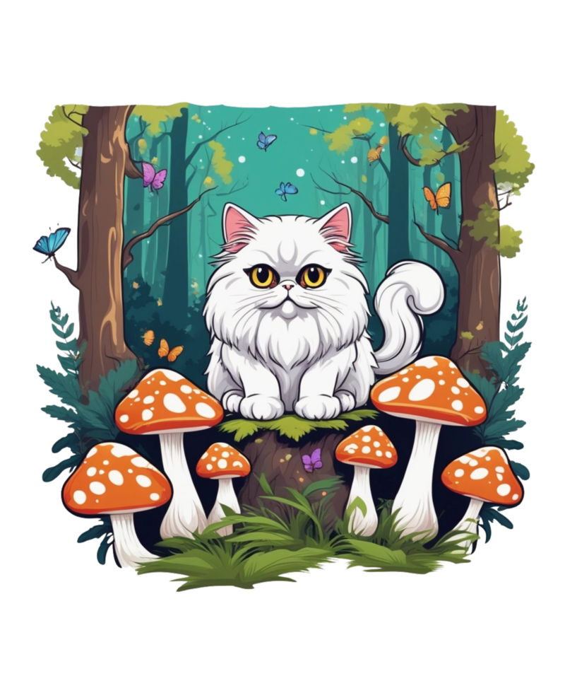 AI Generative Cat Loves Mushroom Clipart Illustration for Print on Demand Business is Also perfect for any other project png