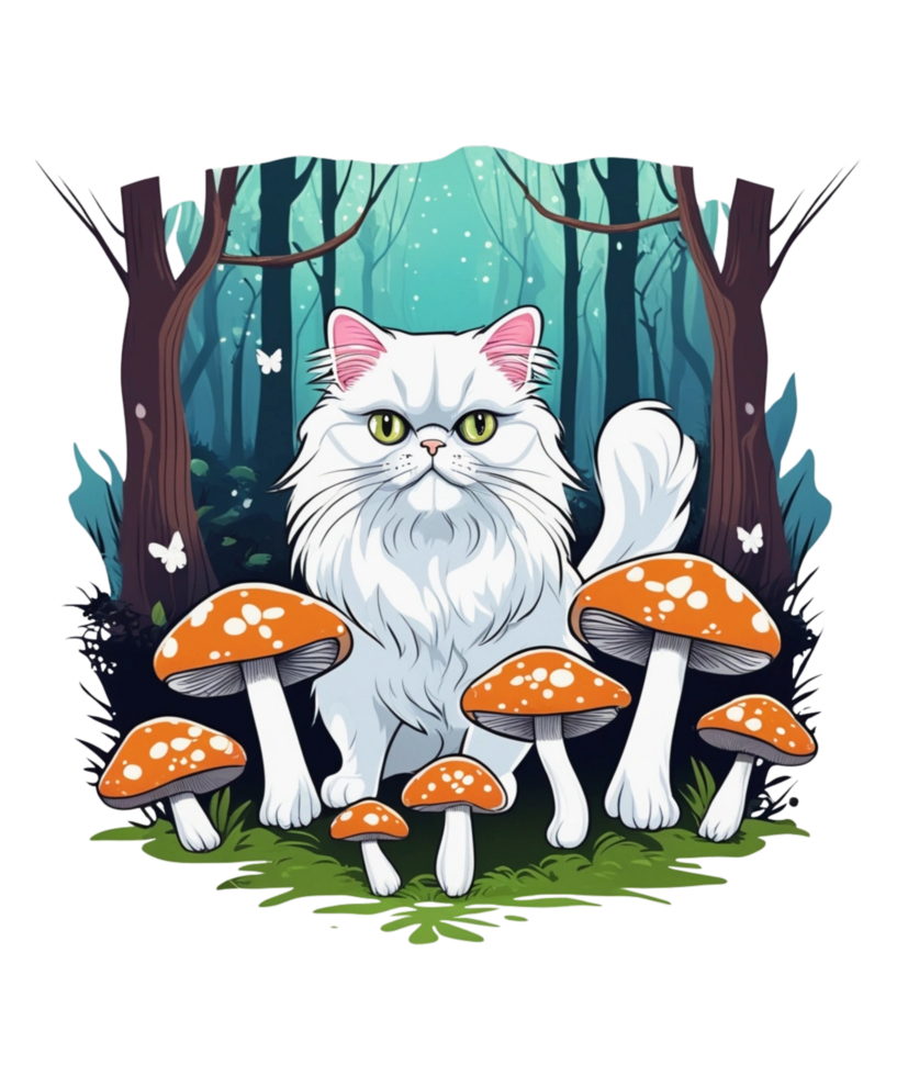 AI Generative Cat Loves Mushroom Clipart Illustration for Print on Demand Business is Also perfect for any other project png