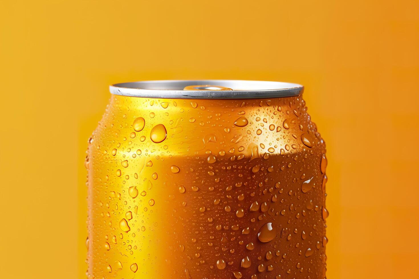 Can of fresh soda with water drops on orange background, closeup. Generative AI photo