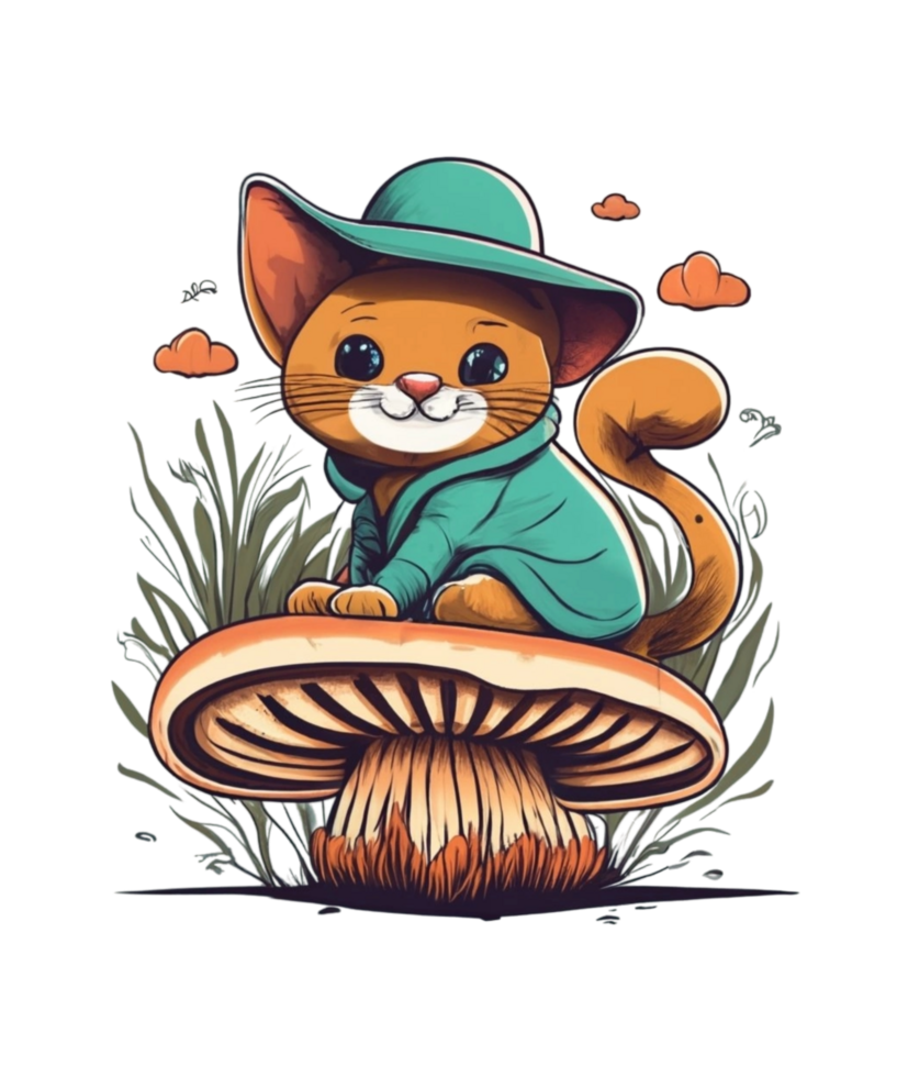 AI Generative Mushroom Lover Cat Clipart Illustration for Print on Demand Business is Also perfect for any other project png