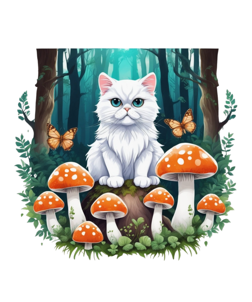 AI Generative Cat Loves Mushroom Clipart Illustration for Print on Demand Business is Also perfect for any other project png