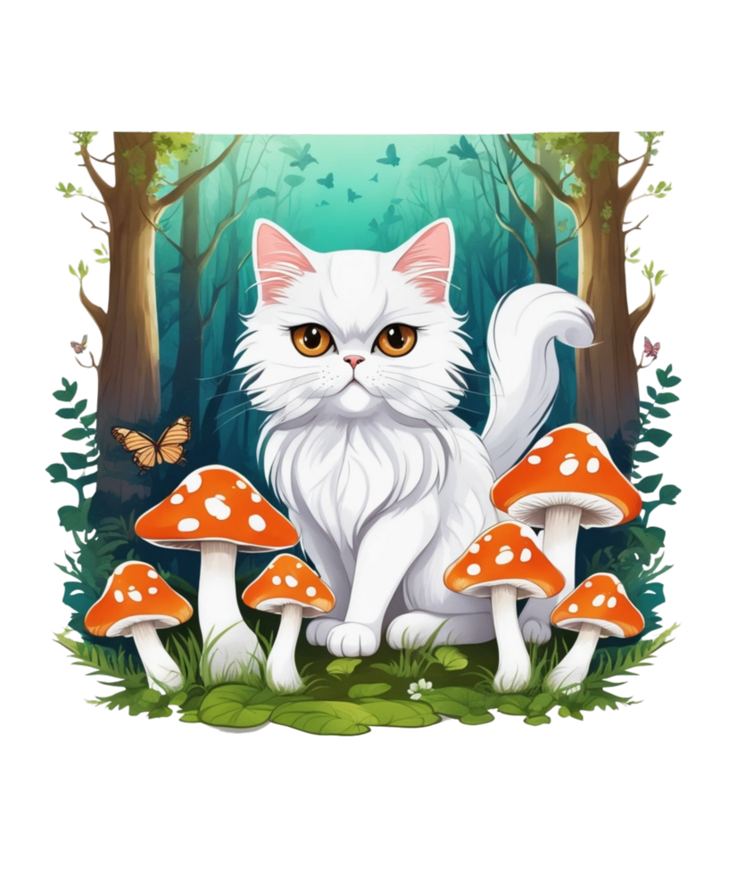 AI Generative Cat Loves Mushroom Clipart Illustration for Print on Demand Business is Also perfect for any other project png