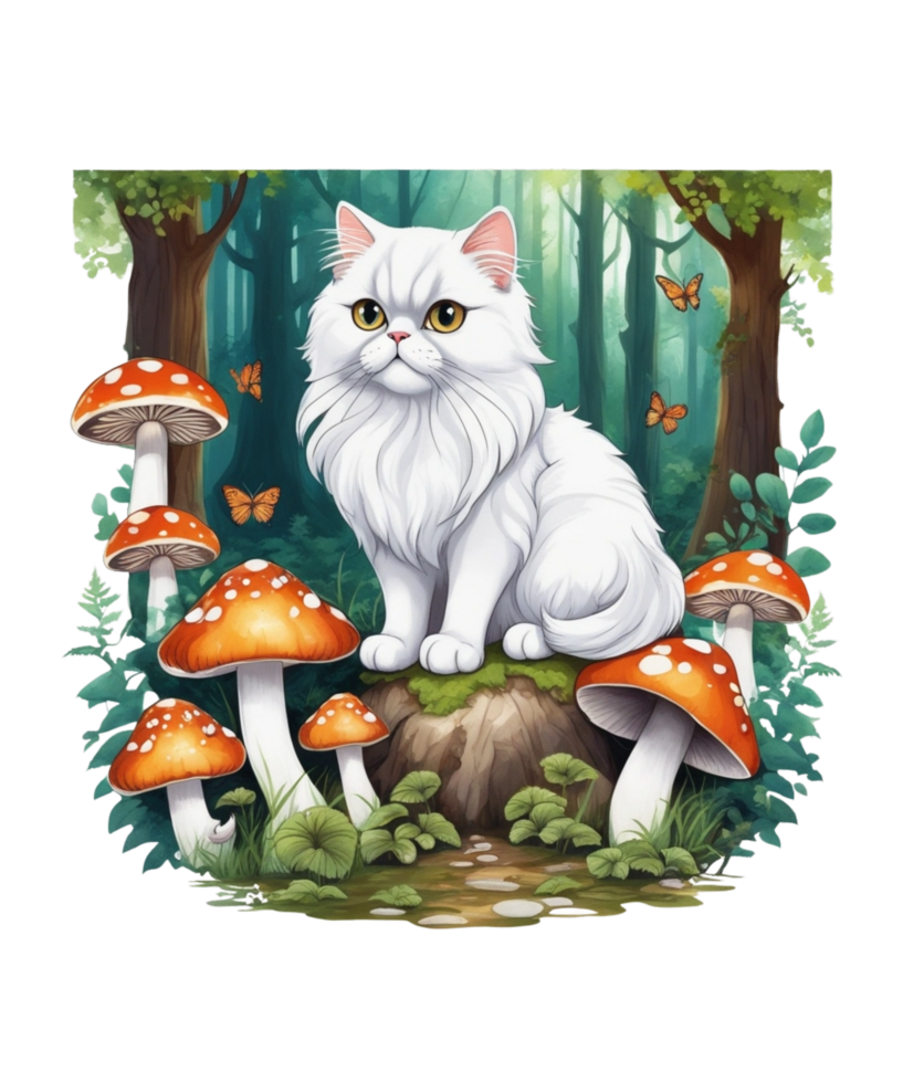 AI Generative Cat Loves Mushroom Clipart Illustration for Print on Demand Business is Also perfect for any other project png