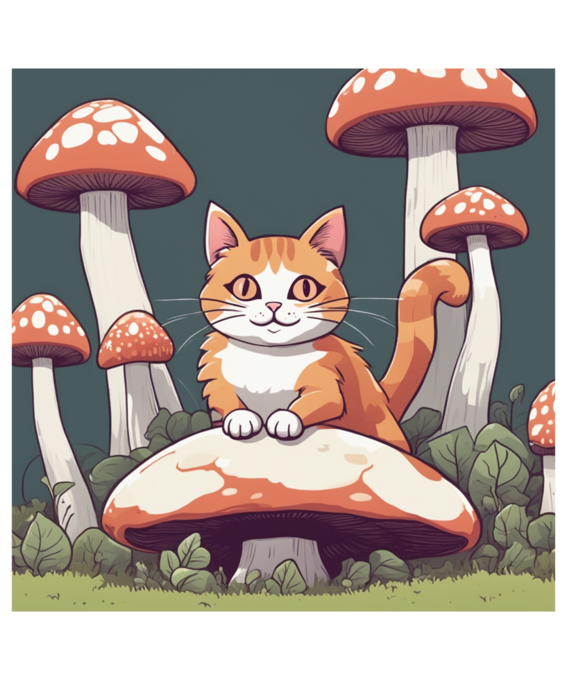 AI Generative Mushroom Lover Cat Clipart Illustration for Print on Demand Business is Also perfect for any other project png