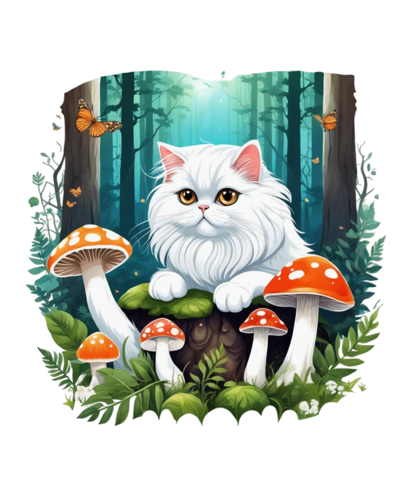AI Generative Cat Loves Mushroom Clipart Illustration for Print on Demand Business is Also perfect for any other project png