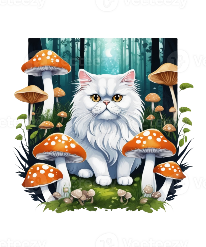 AI Generative Cat Loves Mushroom Clipart Illustration for Print on Demand Business is Also perfect for any other project png