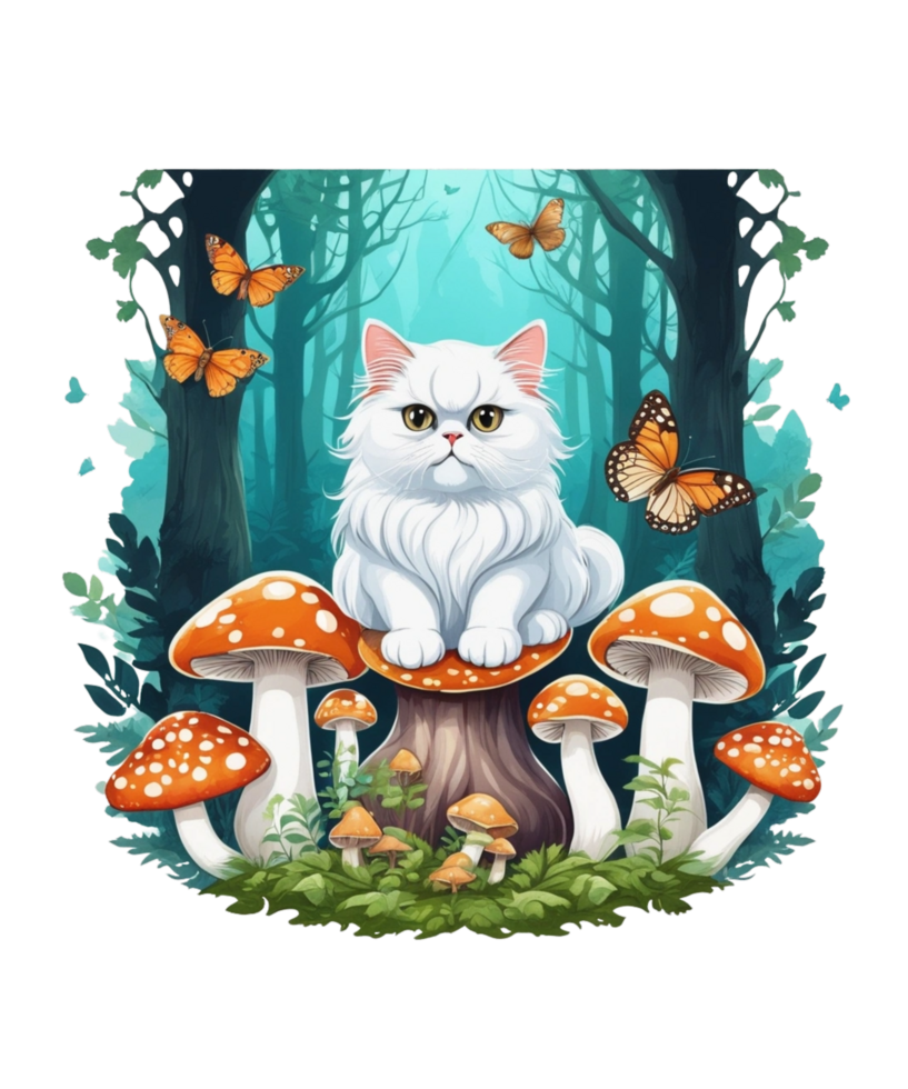 AI Generative Cat Loves Mushroom Clipart Illustration for Print on Demand Business is Also perfect for any other project png