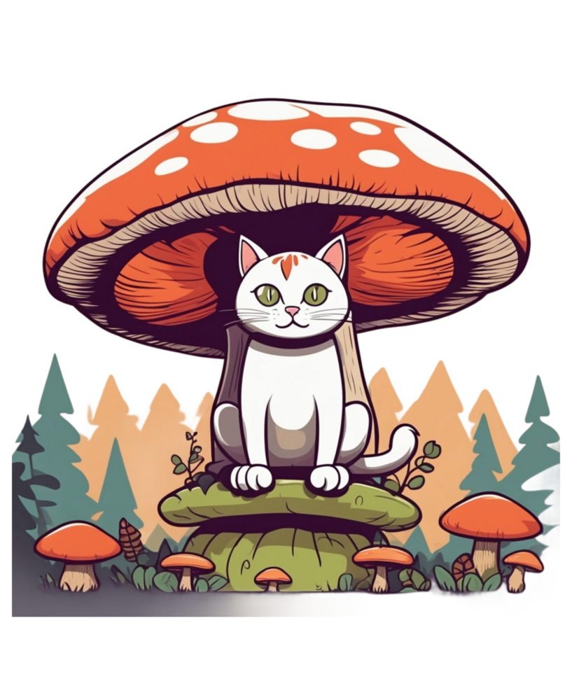 AI Generative Mushroom Lover Cat Clipart Illustration for Print on Demand Business is Also perfect for any other project png