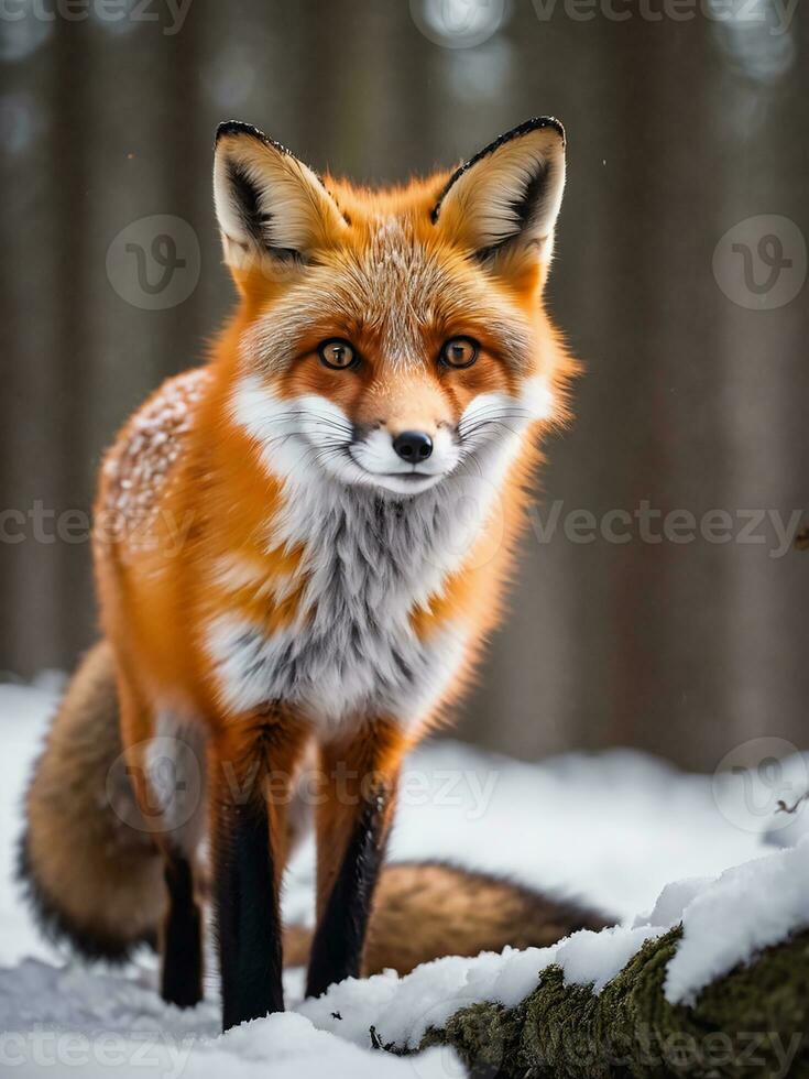 a little fox alone in a snowy forest photo